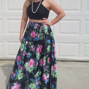 two piece black and multicolor floral prom dress
